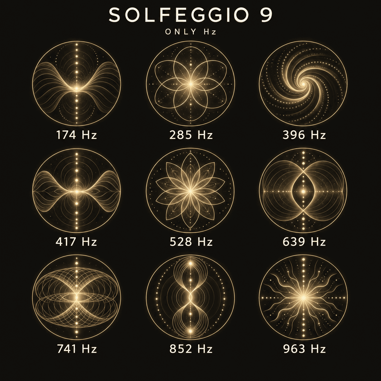 Only Hz Solfeggio 9: nine golden circles labelled 174, 285, 396, 417, 528, 639, 741, 852 and 963 Hz, in ascending order.